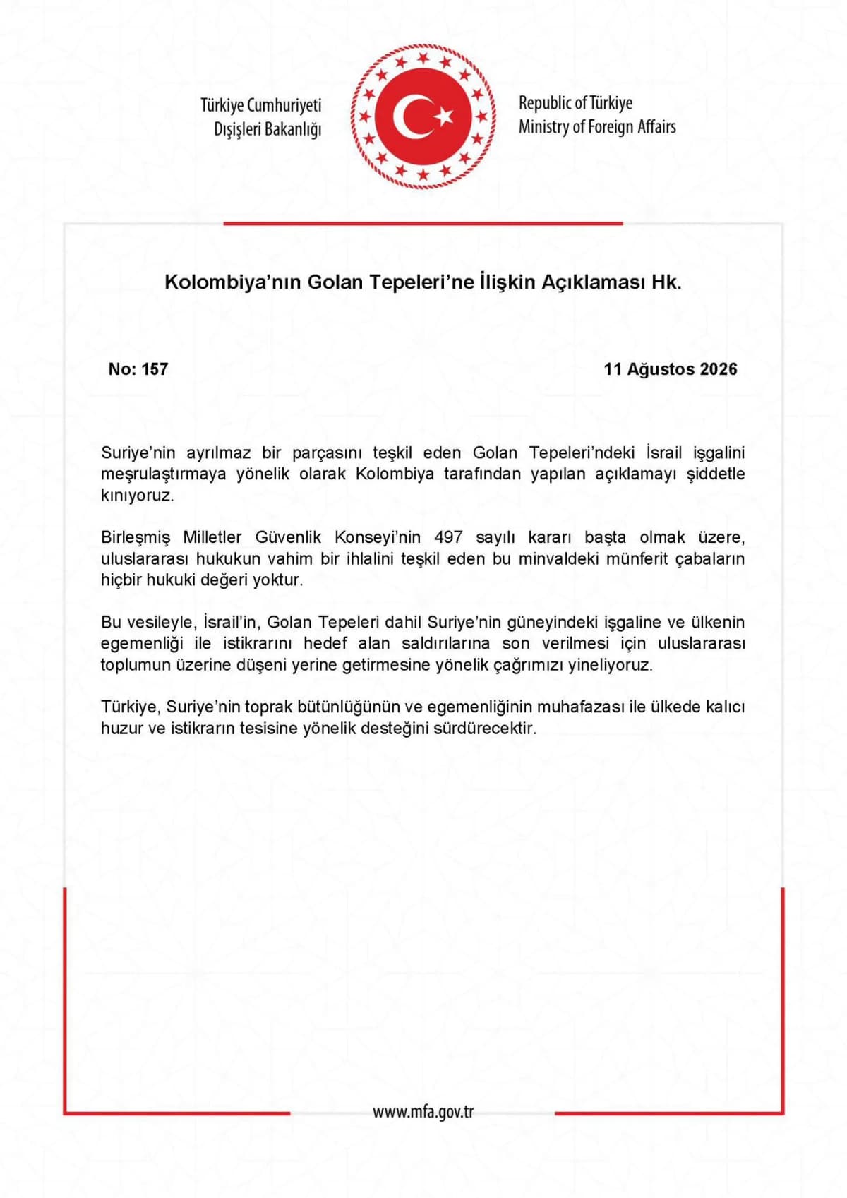 Türkiye'den Kolombiya'nın işgali meşrulaştırma kararına sert tepki