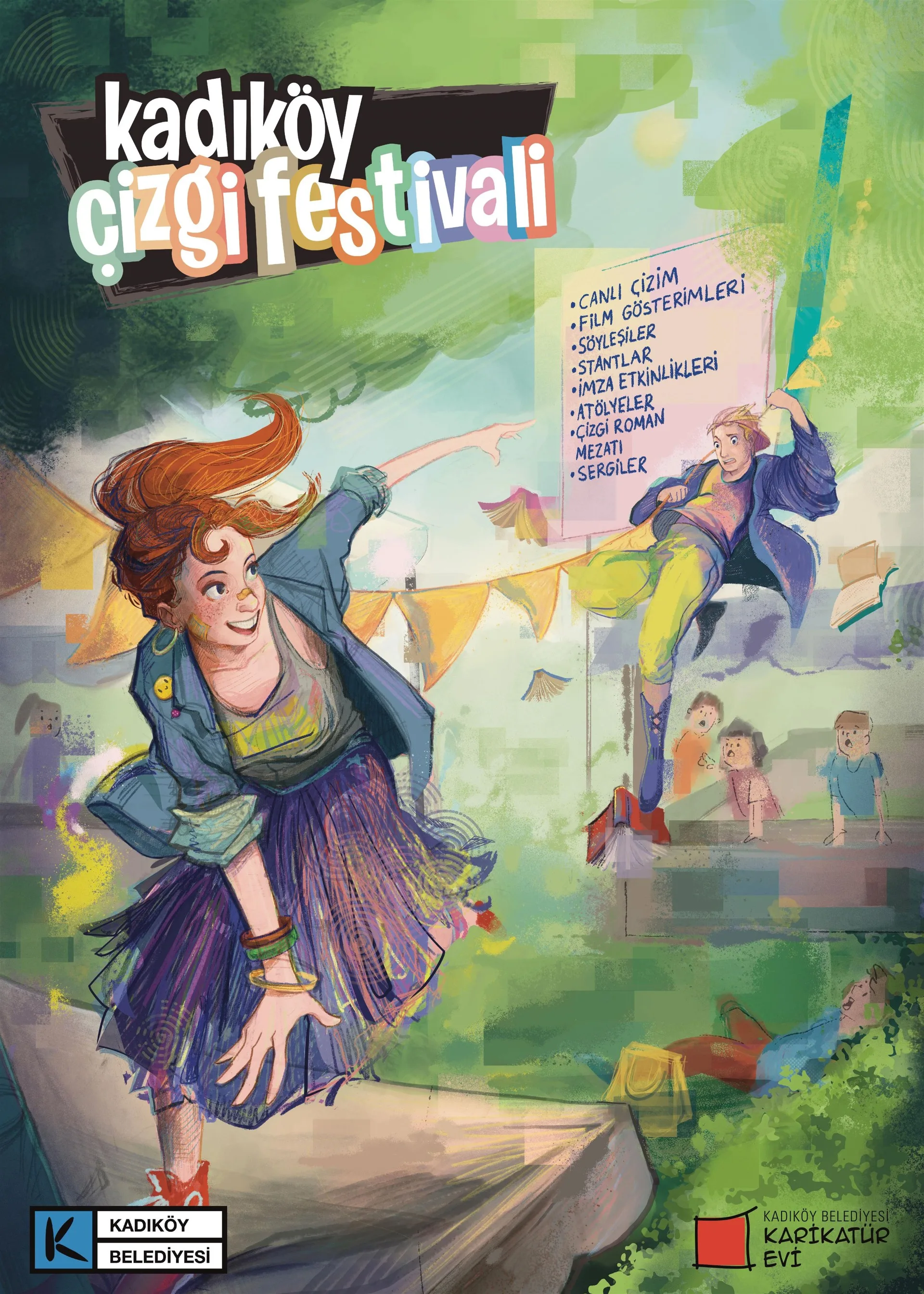 Kadıköy Çizgi Festivali afişinde renkli illüstrasyonlarla genç karakterler, festival etkinlikleri ve Kadıköy Belediyesi Karikatür Evi logosu yer alıyor.