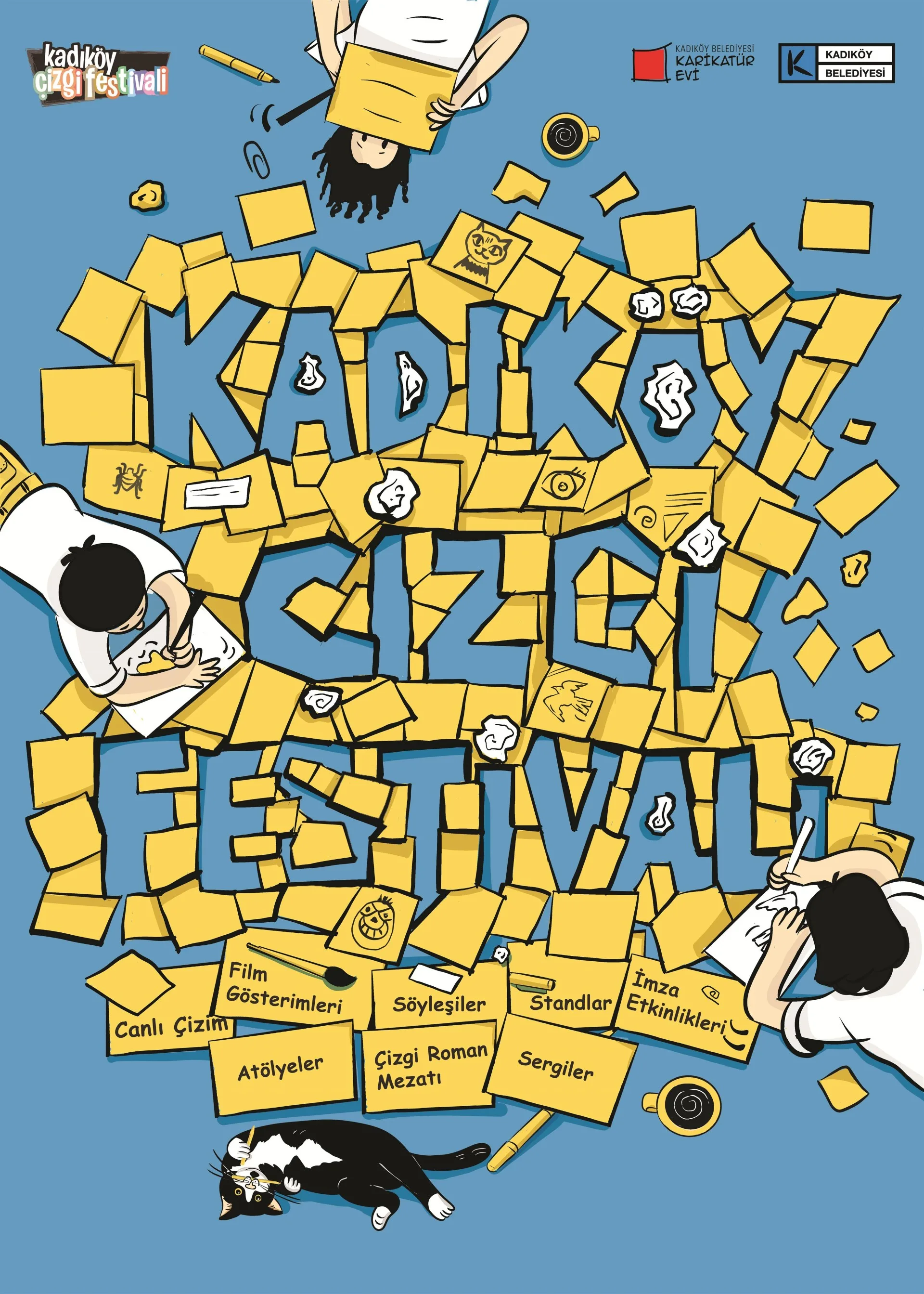 Kadıköy Çizgi Festivali afişinde sarı not kağıtlarıyla oluşturulan festival yazısı, çizim yapan sanatçılar ve etkinlik başlıkları görülüyor.