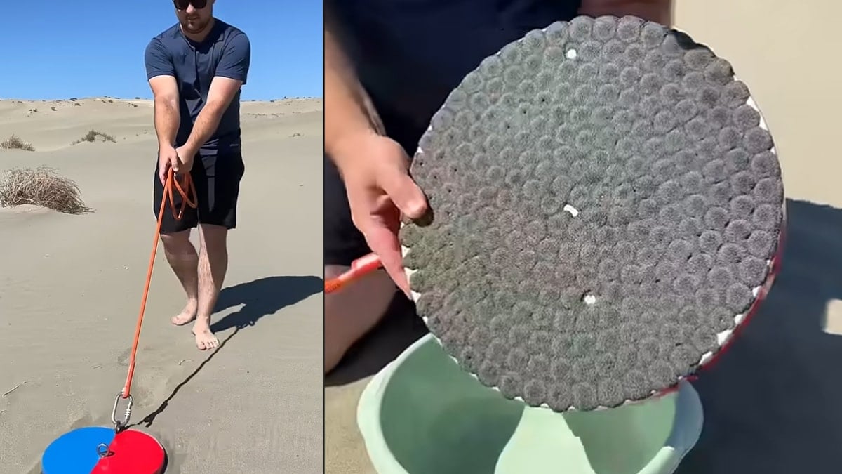 Çölde gezdirdiği dev mıknatısla değerli ne varsa topladı