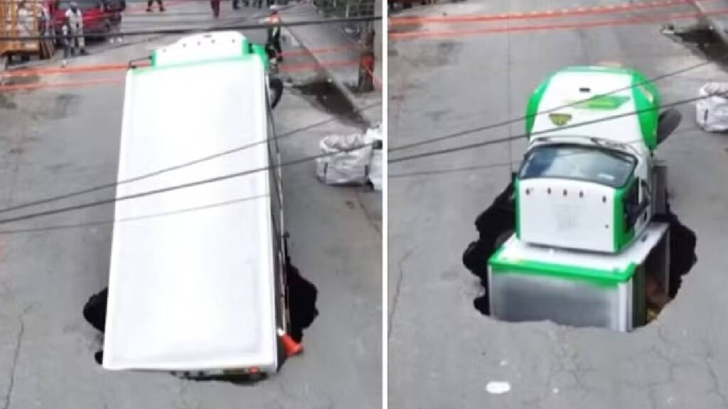 Yol birden çöktü dev kamyonu yuttu